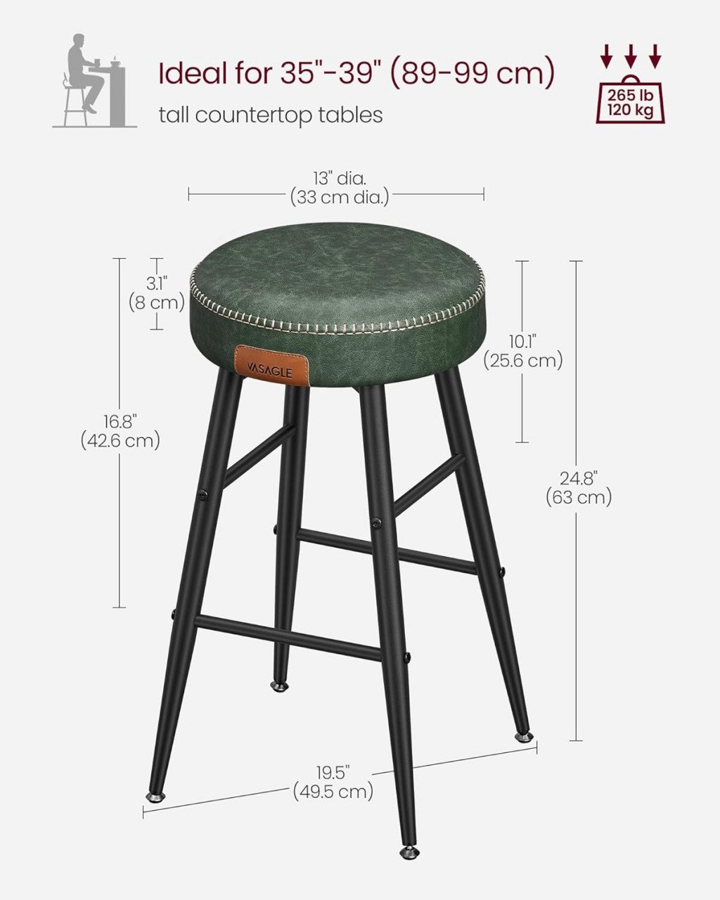 Set 2 scaune de bar, Vasagle, Verde, 49.5x49.5x63 cm - 2 | YEO