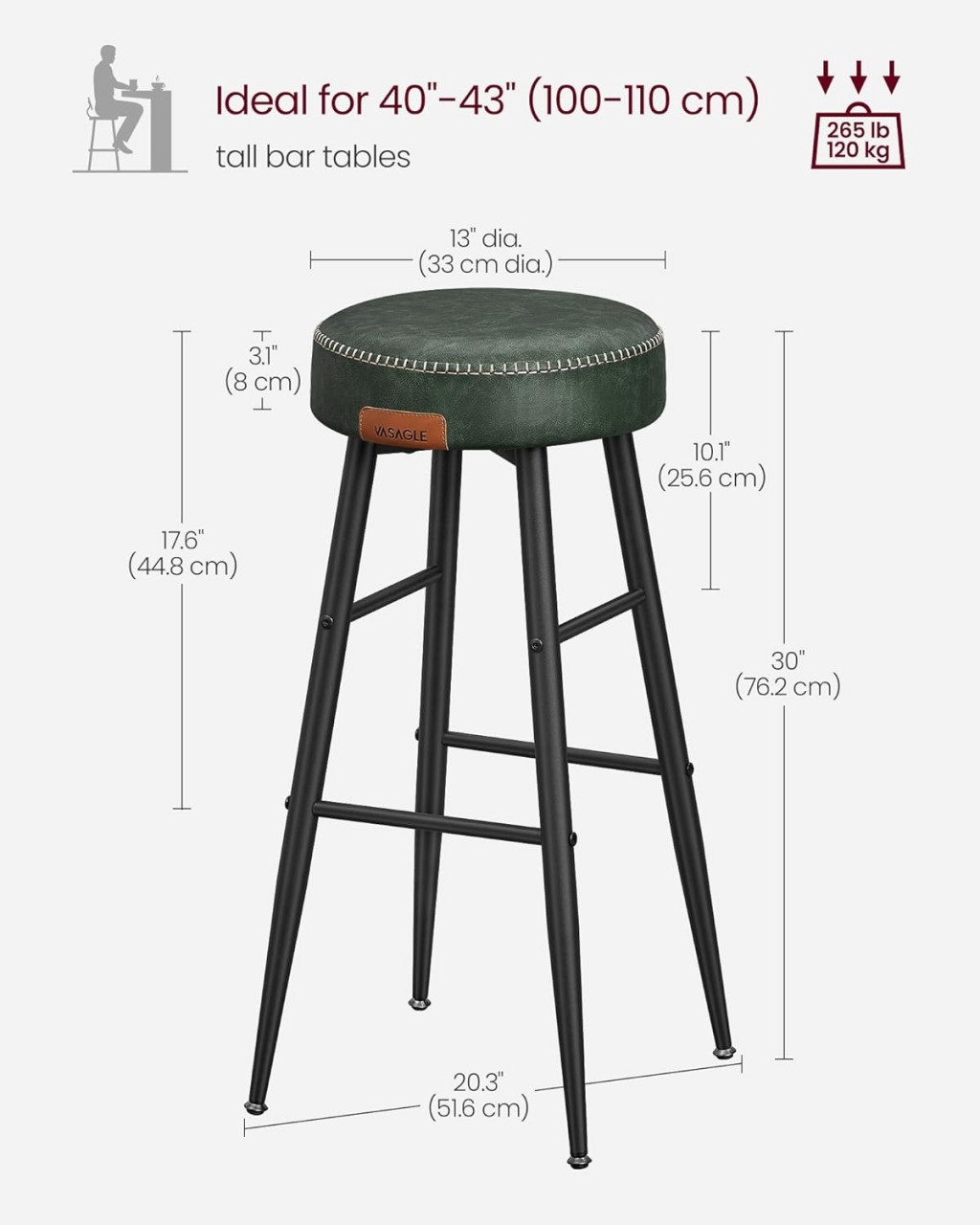 Set 2 scaune de bar, Vasagle, Verde, 51.6x51.6x75 cm - 2 | YEO