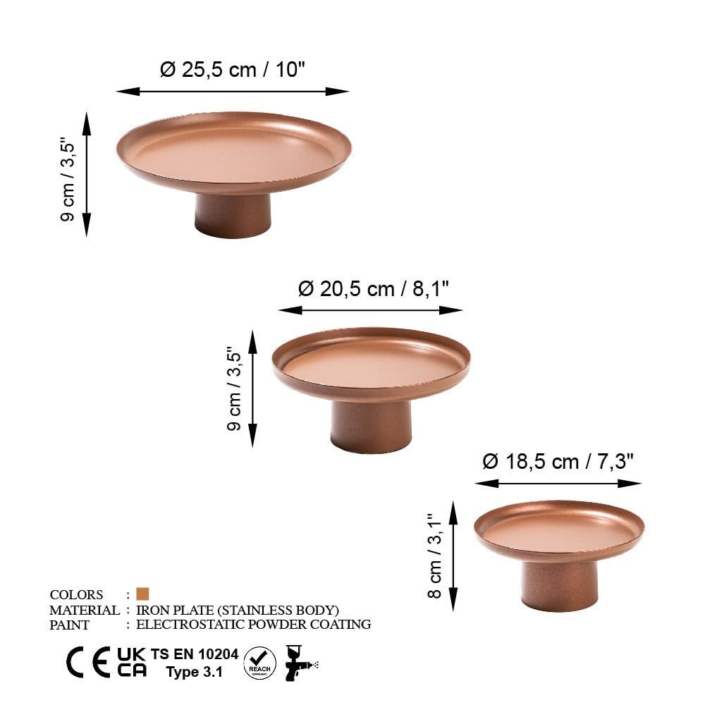 Set 3 platouri decorative metalice GED-007 Caramiziu 25.5x25.5x9 cm