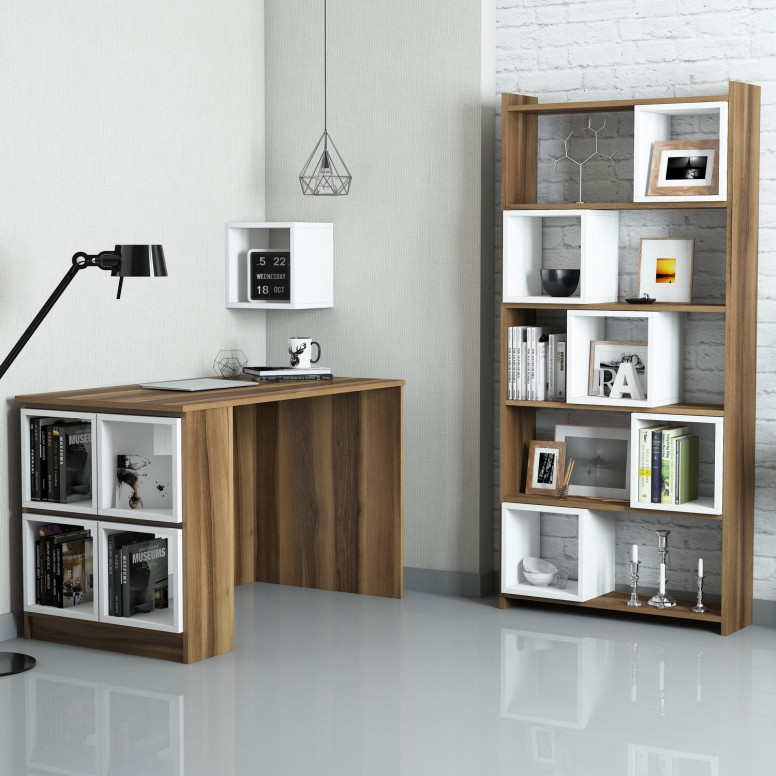 Set Birou si Biblioteca Box Walnut-Alb