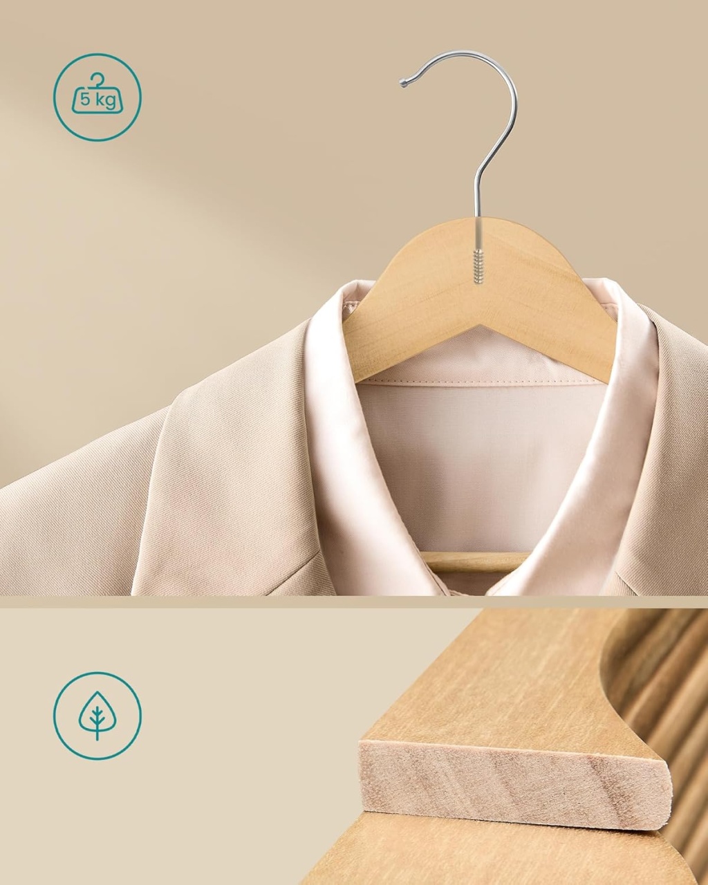 Set de 30 umerase din lemn, Songmics, Natural, 43 x 21 cm - 2 | YEO