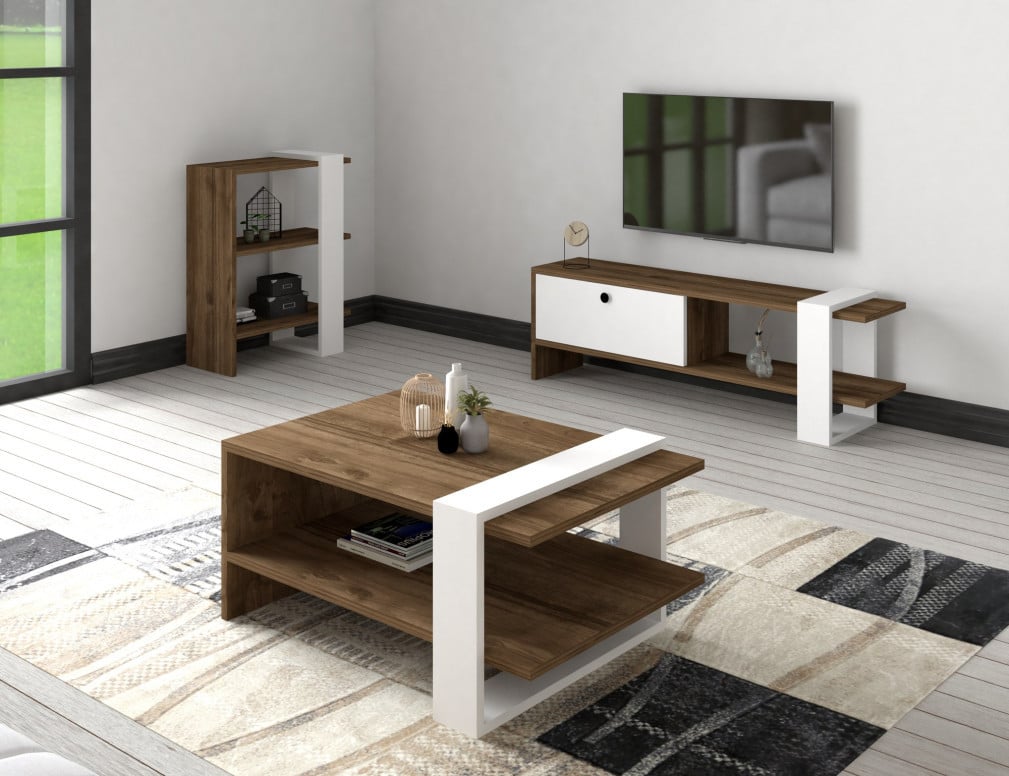 Set de mobilier pentru living Gaye, Nuc- Alb