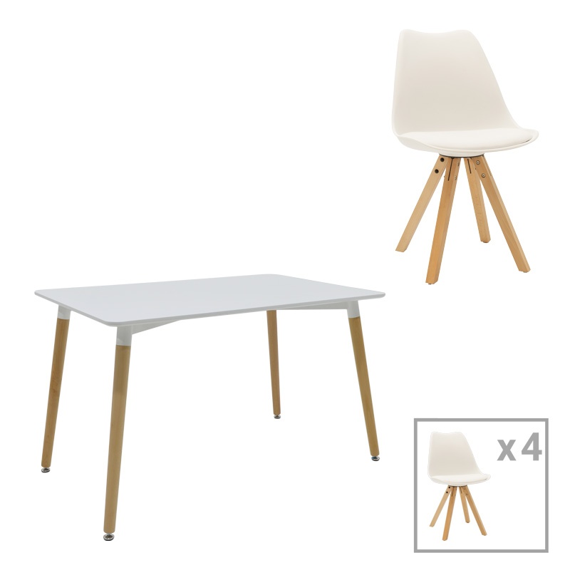Set dining Natali-Caron, Pako World, 5 piese, MDF, Alb-Natural, 120x80x76 cm