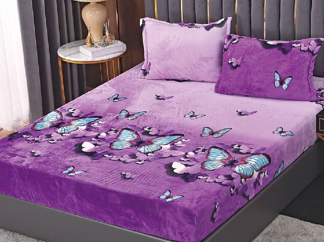 Cearsaf de pat Cocolino cu elastic si 2 fete de perna, Purple Butterfly, 180x200cm