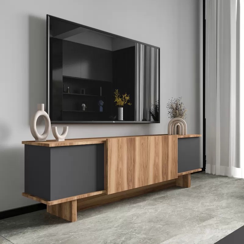 Comoda TV Aramos, Pako World, Antracit-Stejar, 180x33x50 cm - 1 | YEO