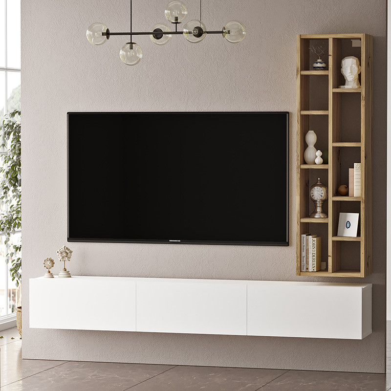Comoda TV de perete Esmeralda alb - culoare lemn naturala 74.5x27x145cm - 2 | YEO