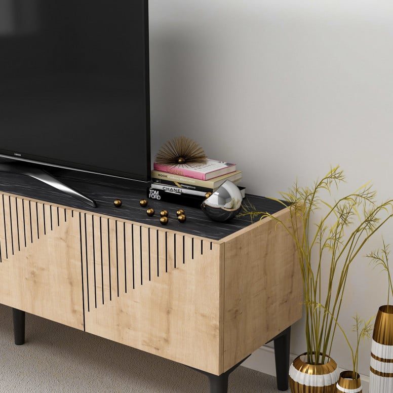 Comoda TV Draw Sapphire Oak-Negru Marble - 4 | YEO