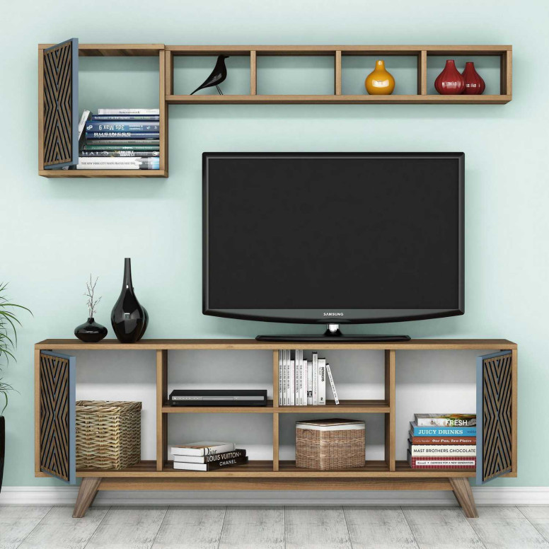 Comoda TV İnci - Walnut, Blue - 1 | YEO