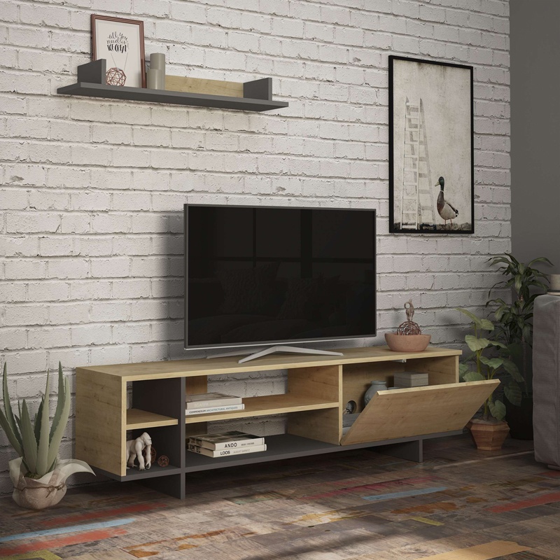 Comoda TV Saloon, Pako World, Gri-Stejar, 160x35x44 cm - 2 | YEO
