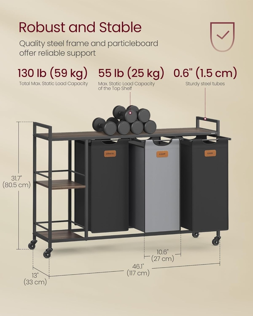 Cos de rufe Vasagle Negru 150 L, 117 x 33 x 80.5 cm - 2 | YEO