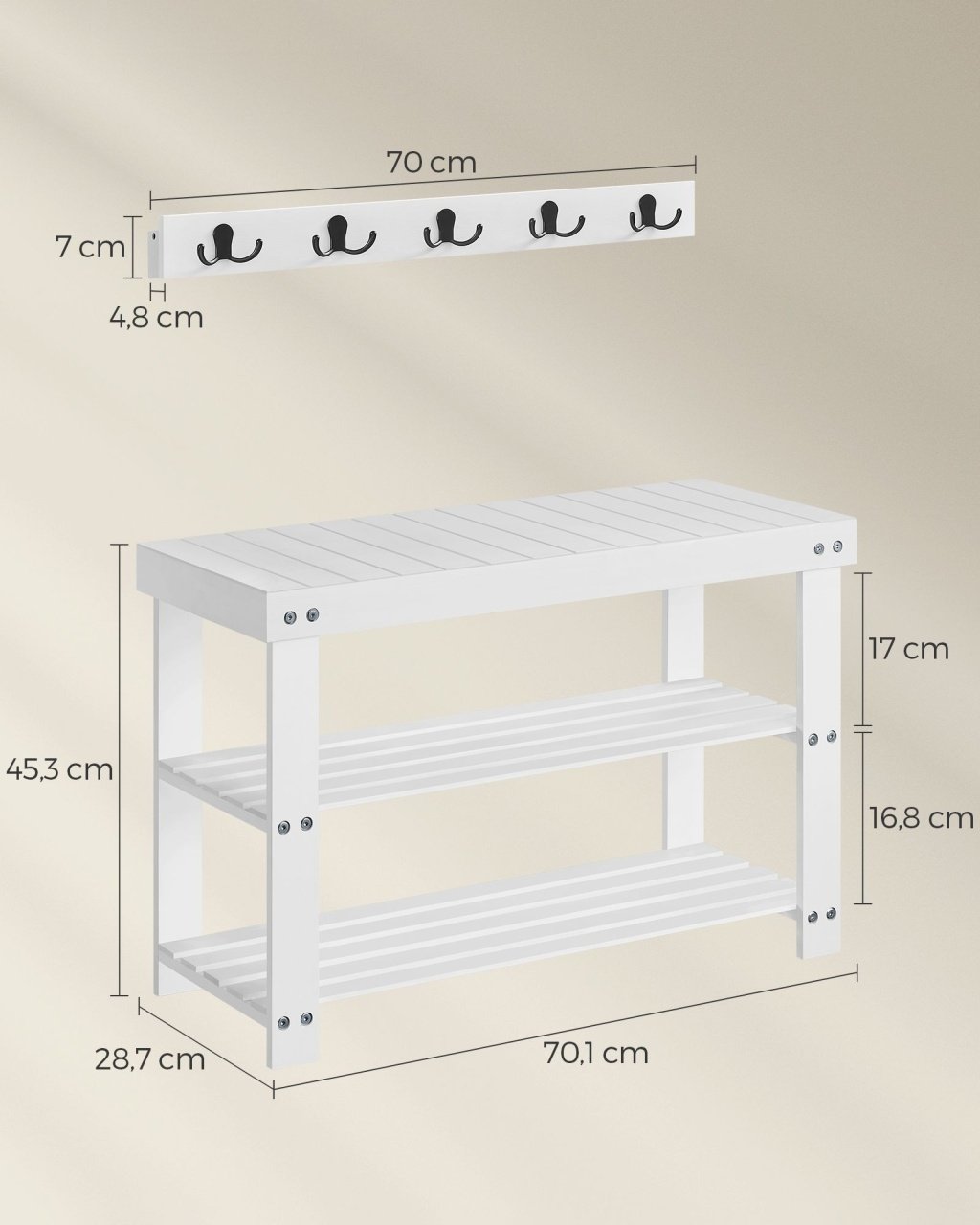 Cuier cu bancuta Songmics Alb 70x28.7x52.3 cm