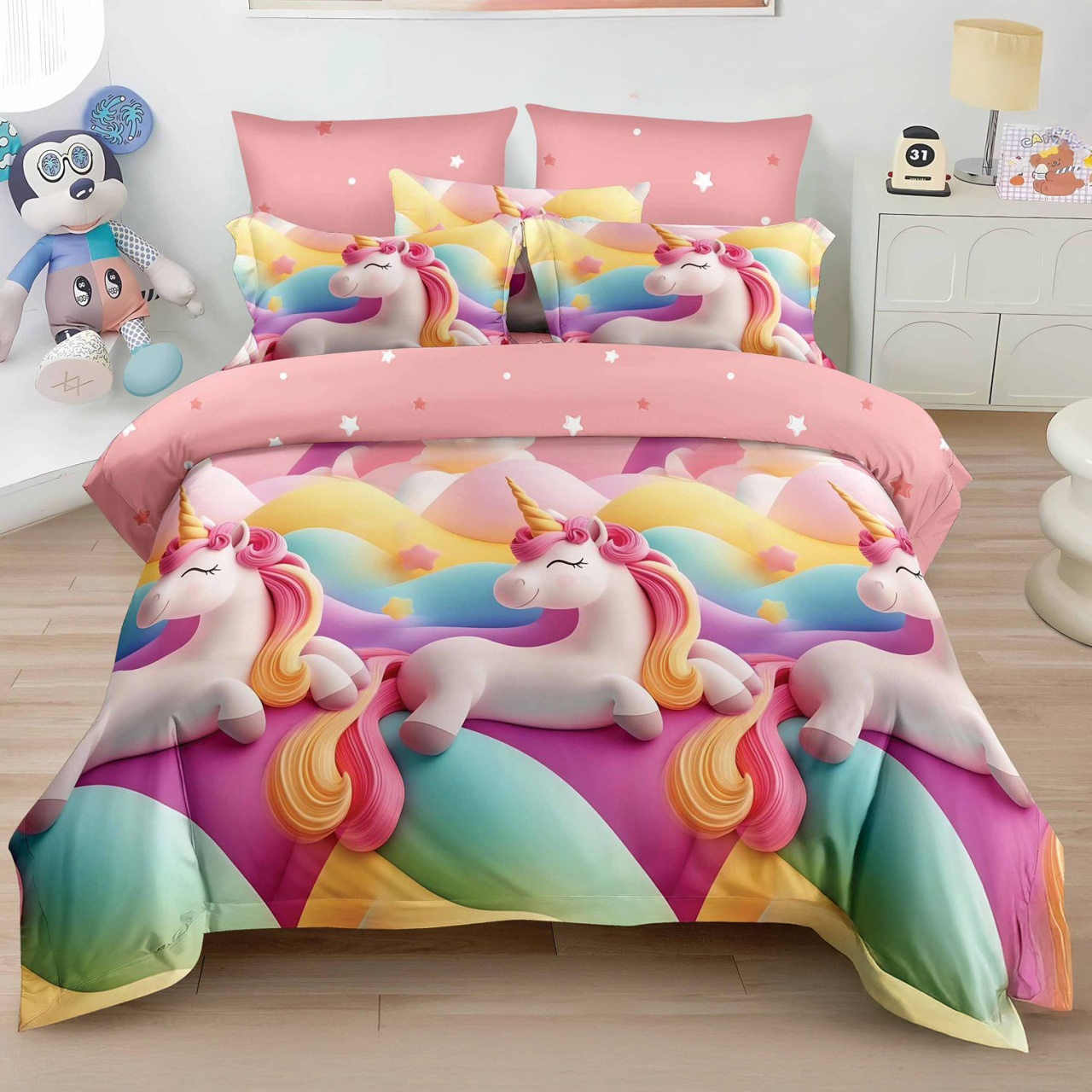 Lenjerie 3D Unicorn curcubeu V1 cu 6 Piese (Finet)