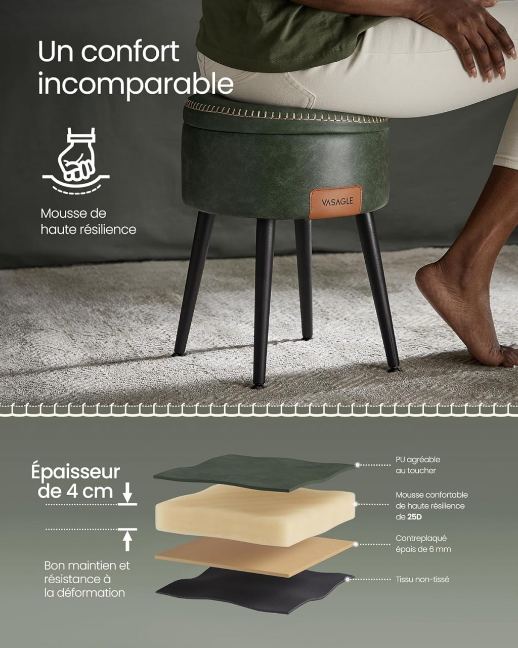 Taburet cu depozitare, Vasagle, Verde inchis, 32x32x44 cm