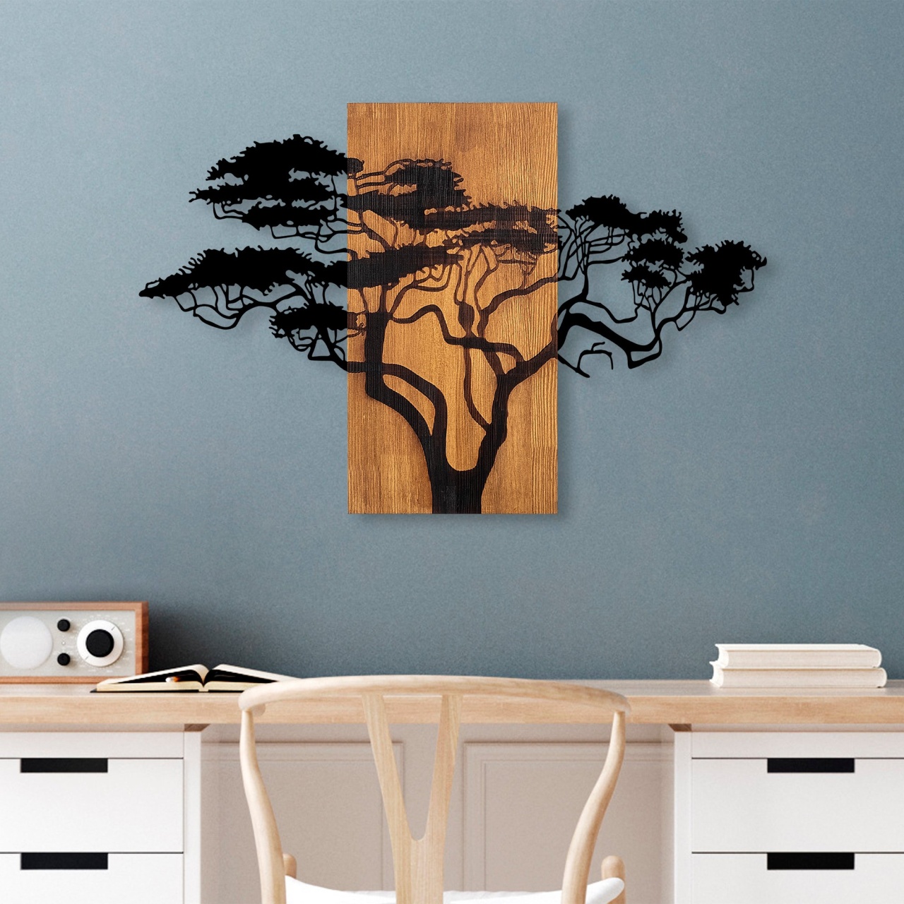 Accesoriu decorativ de perete din lemn si metal Acacia Tree Nuc 90x58 cm