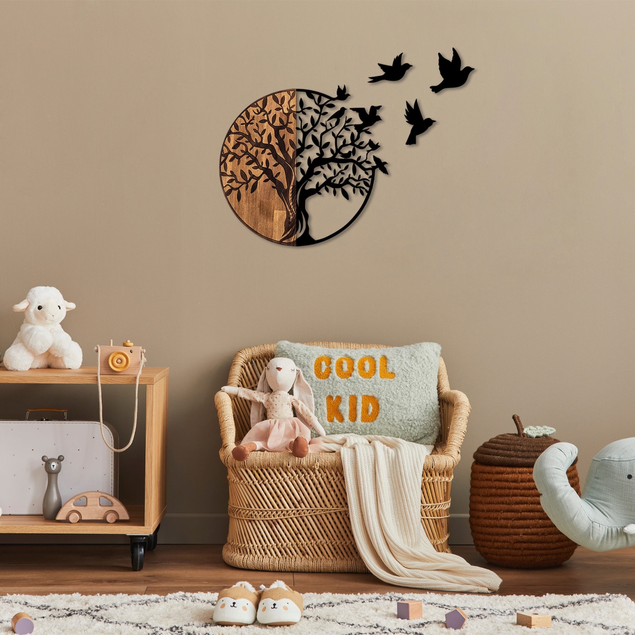 Accesoriu decorativ de perete din lemn si metal Tree And Birds Negru 92x3x71 cm