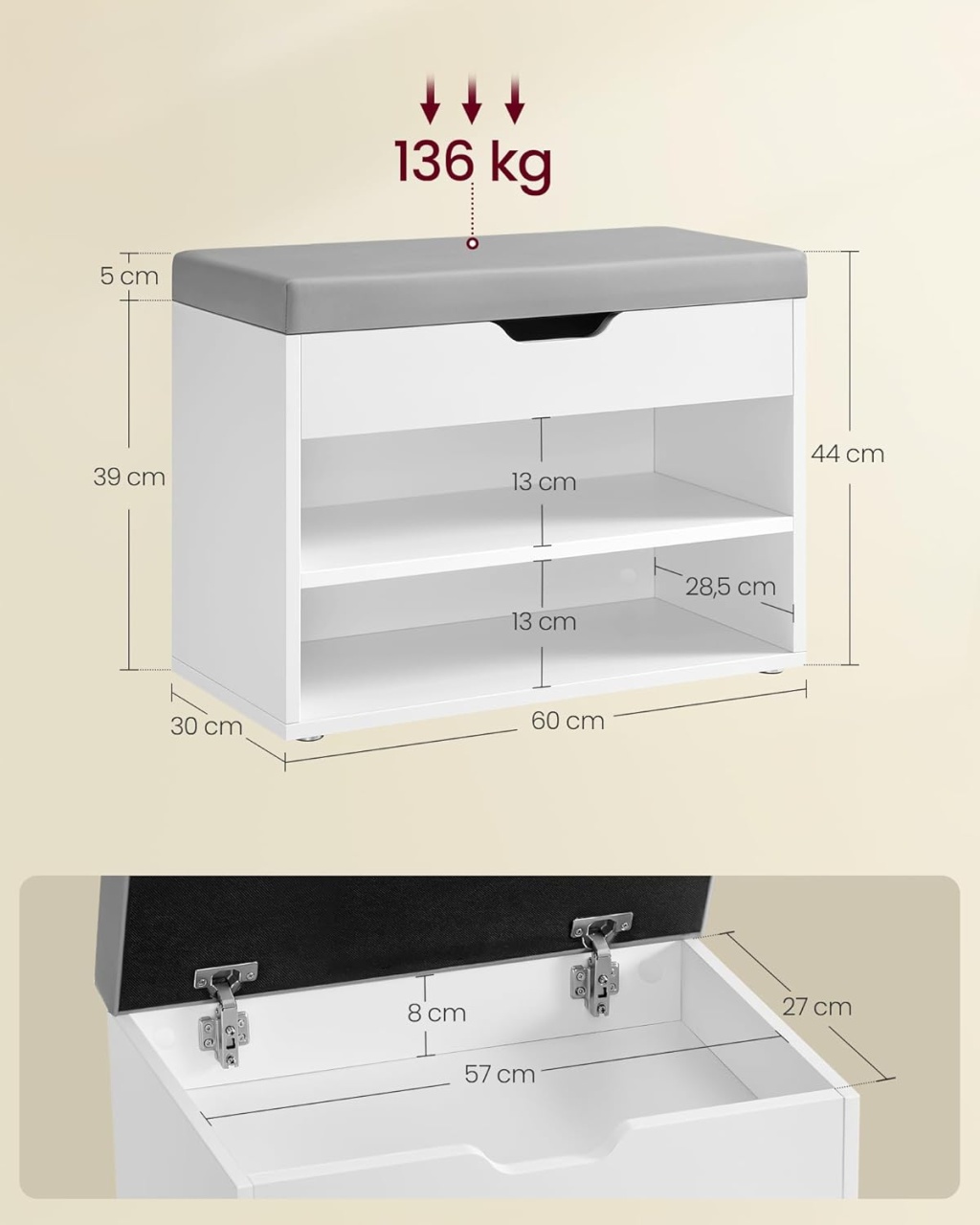 Bancuta cu spatiu depozitare si pantofar Vasagle Nuc 60x30x44 cm - 2 | YEO