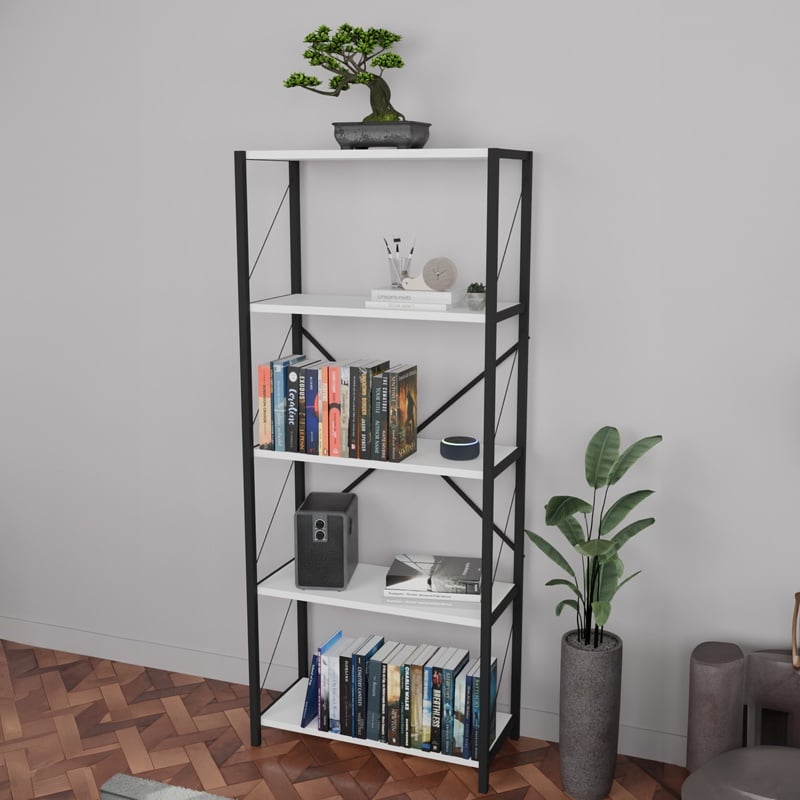 Biblioteca Draizy melamina alba metal negru 60x30x150 cm - 1 | YEO