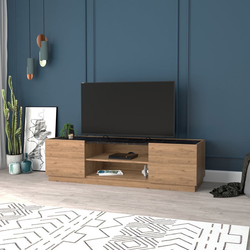 Comoda TV Betna, Pako World, Nuc, Aspect marmura neagra, 150x42x48 cm