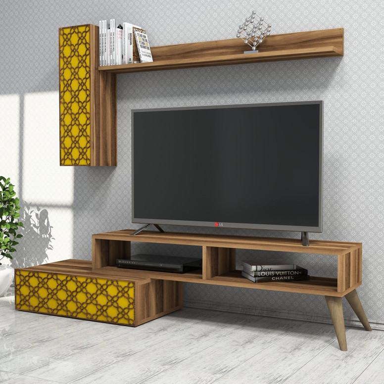 Comoda TV Planet - Walnut, Yellow