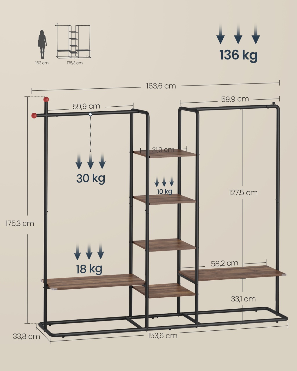 Cuier SONGMICS HOME Natural 33.8x163.6x175.3 cm