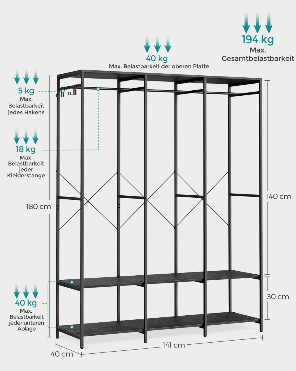 Cuier Songmics Negru 141x40x180 cm - 5 | YEO