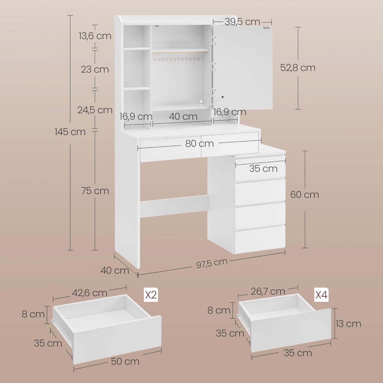 Masa de toaleta, Vasagle, Alb, 40 x 97.5 x 145 cm - 4 | YEO