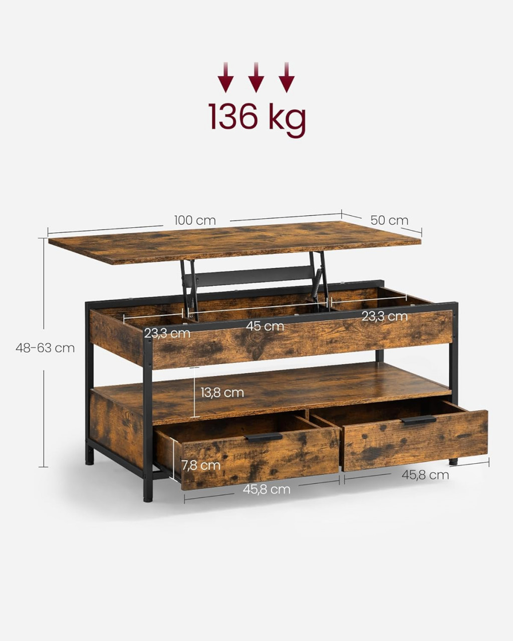 Masuta de cafea extensibila, Vasagle, Maro-Negru, 100x50x48 cm - 2 | YEO