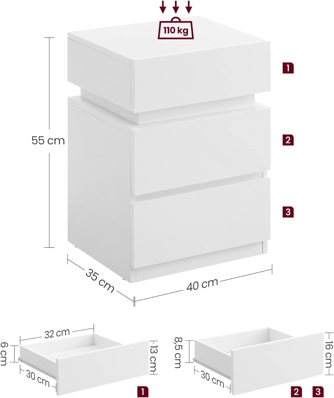 Noptiera Vasagle Alb 40x35x55 cm - 3 | YEO