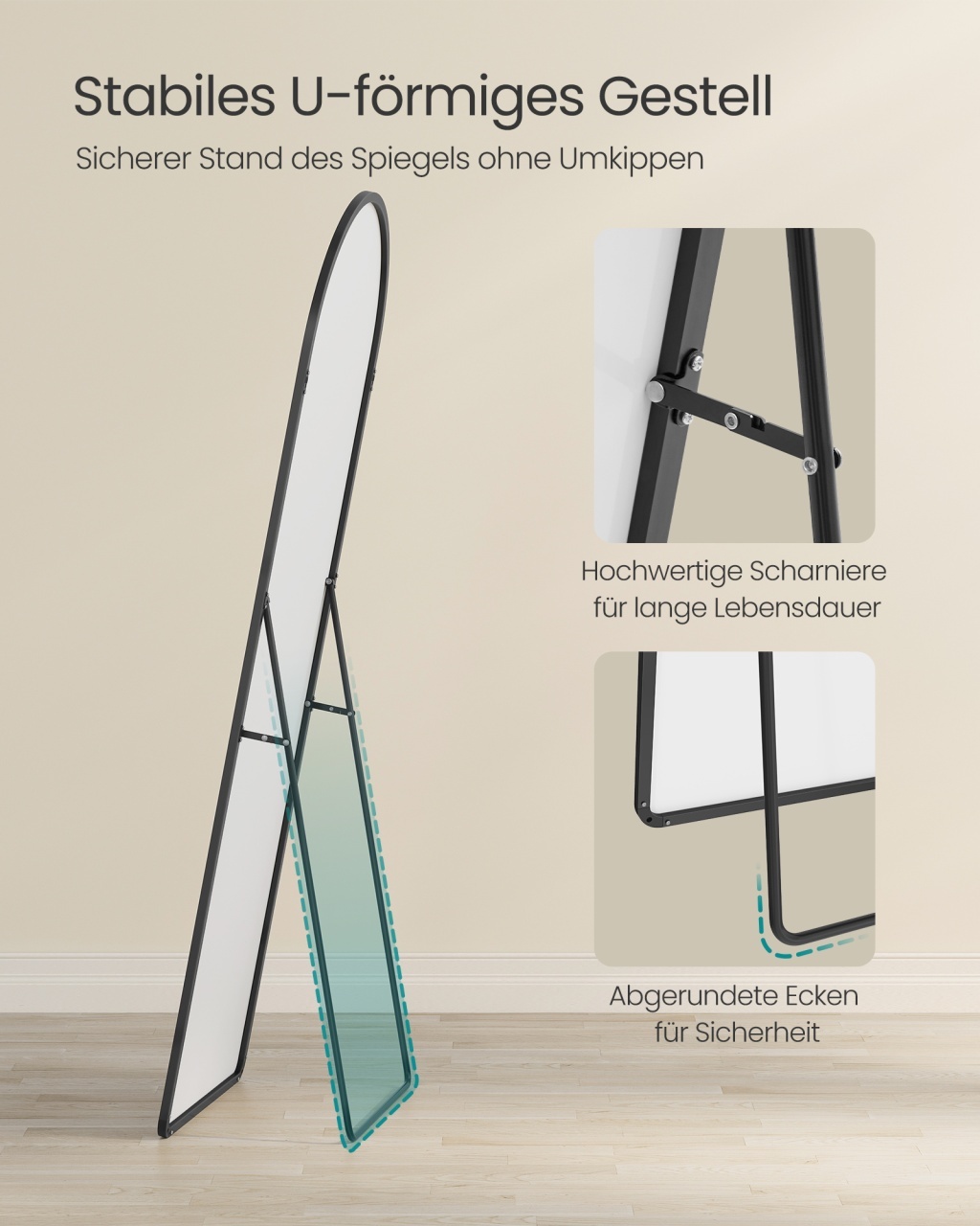 Oglinda de podea, Aileas, Songmics, Negru, 160x50x1.3 cm - 3