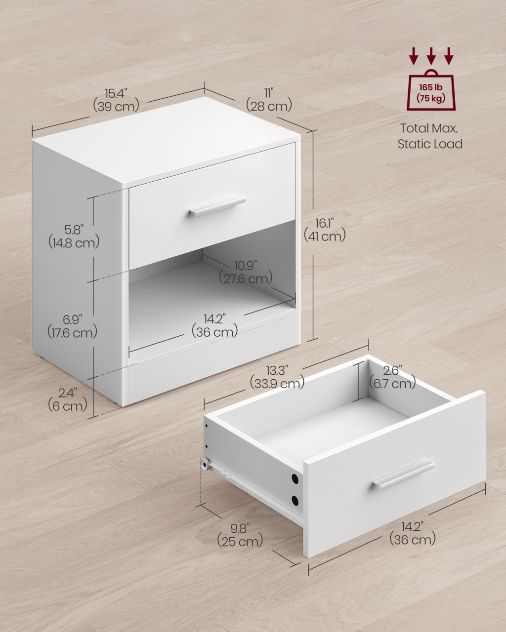Set 2 noptiere Alb Vasagle 39x27.6x41 cm - 4 | YEO