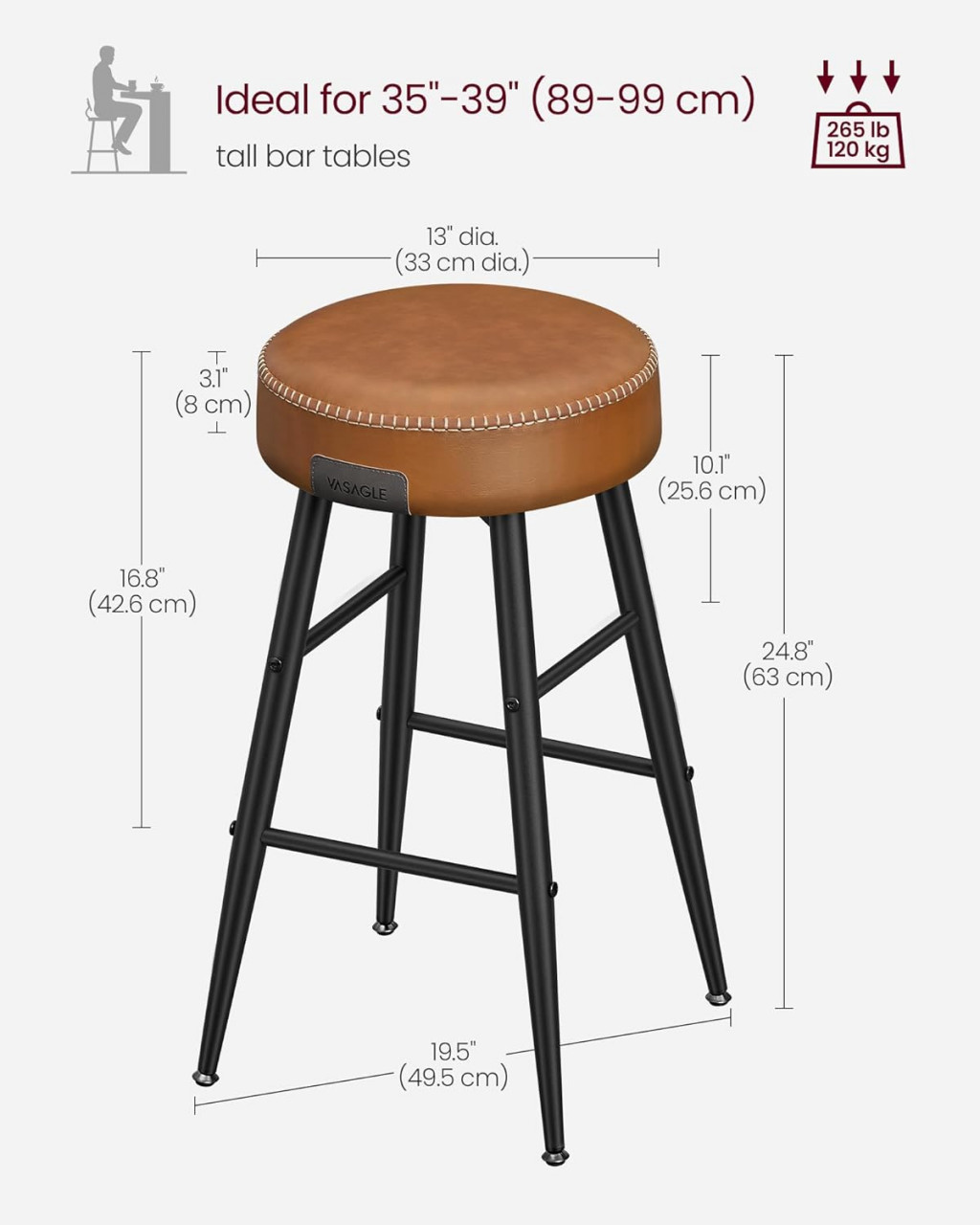 Set 2 scaune de bar, Vasagle, Maro, 49.5x49.5x63 cm - 2 | YEO