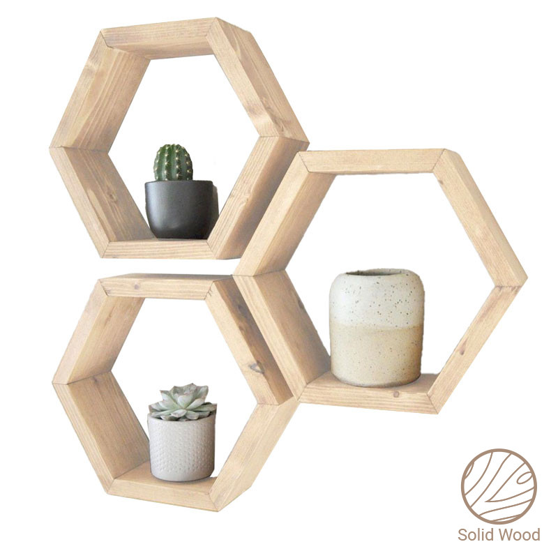 Set 3 Etajere lemn hexagonale de perete Radix 3 bucati lemn masiv natural 30x9x34cm