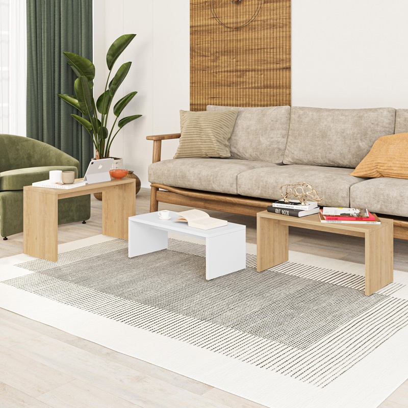 Set 3 masute Kantar, Pako World, Stejar-Alb, 65x30x39 cm - 3 | YEO