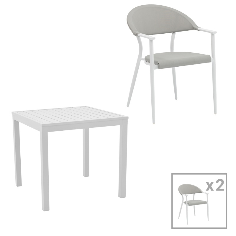 Set de 3 buc masa si scaune de gradina Kliton Pino din aluminiu alb 80x80x74 cm