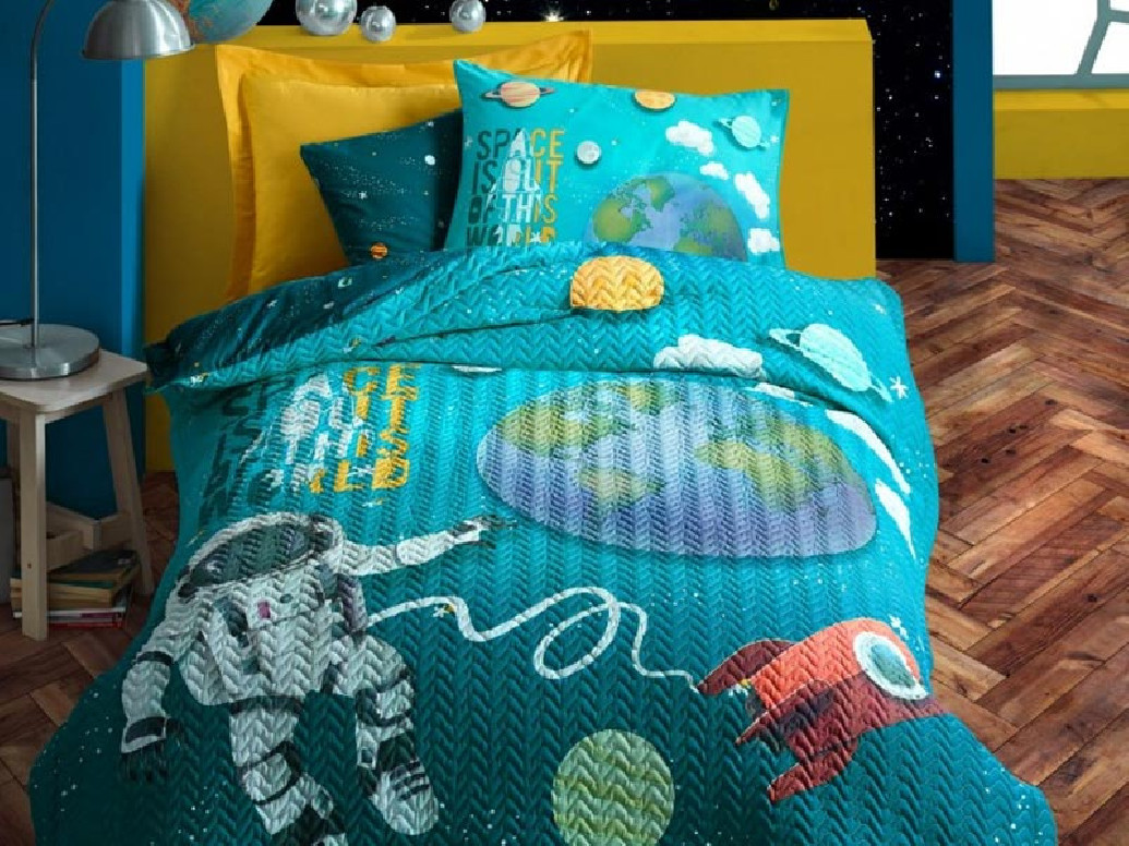 Set Lenjerie si Cuvertura Copii, cu Elastic, Little Astronaut (Bumbac 100%)