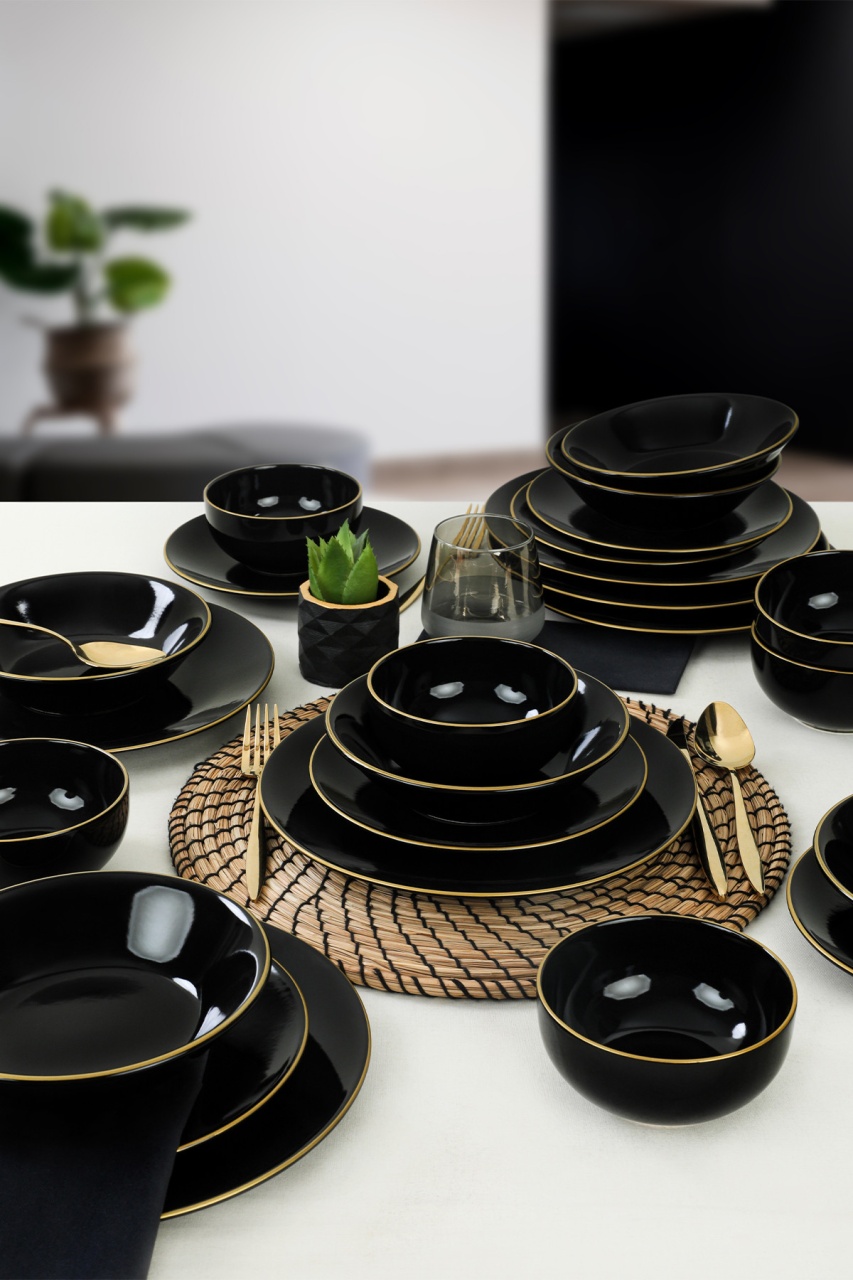 Set veselă din ceramică, 24 bucati Ravvine Negru 26x26x1 cm