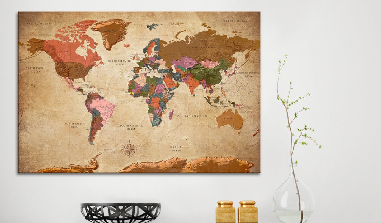 Tablou din plută - World Map: Brown Elegance [Cork Map] 120x80 cm - 1 | YEO