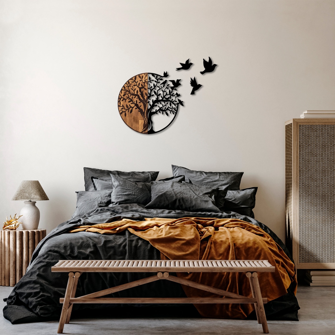 Accesoriu decorativ de perete din lemn si metal Tree And Birds Negru 92x3x71 cm - 1 | YEO