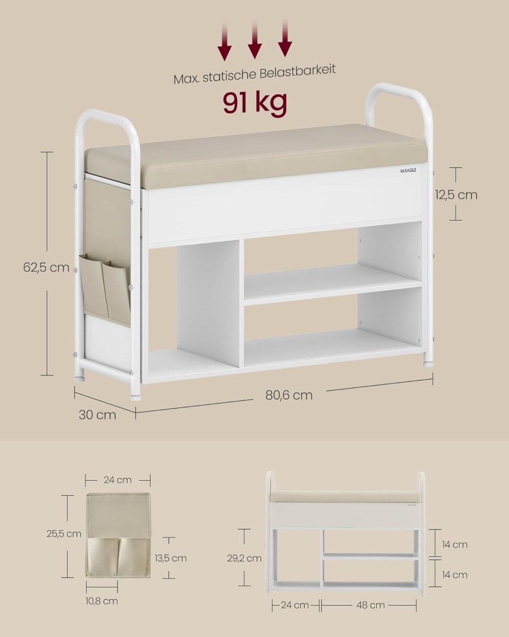 Bancuta cu spatiu depozitare si pantofar Vasagle Alb 80.6x30x62.5 cm - 2 | YEO