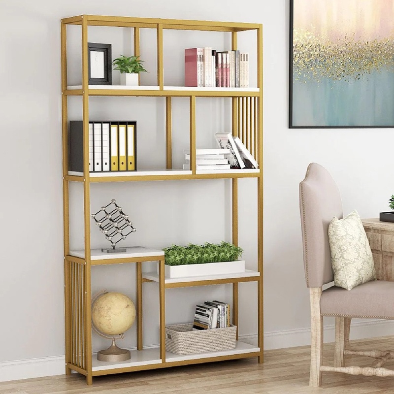 Biblioteca raft Denver, Pako World, Metal, Auriu, Aspect marmura alba, 100x30x180 cm - 1 | YEO