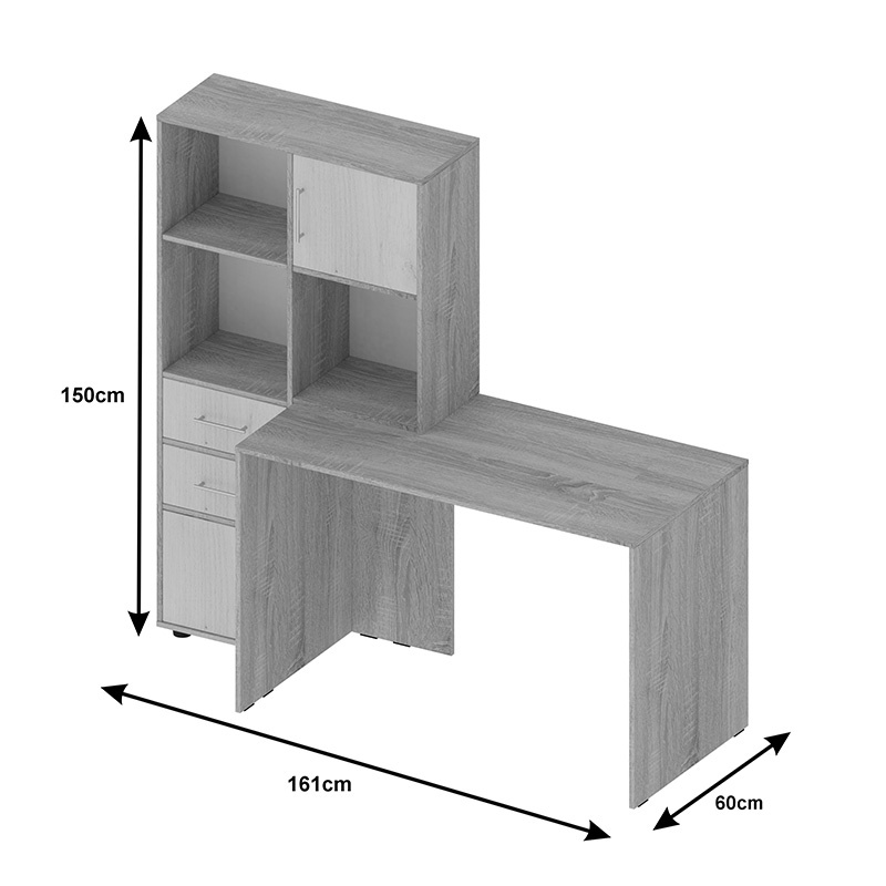 Birou cu biblioteca Scarlet, Pako World, Alb-Sonoma, 161x60x150 cm