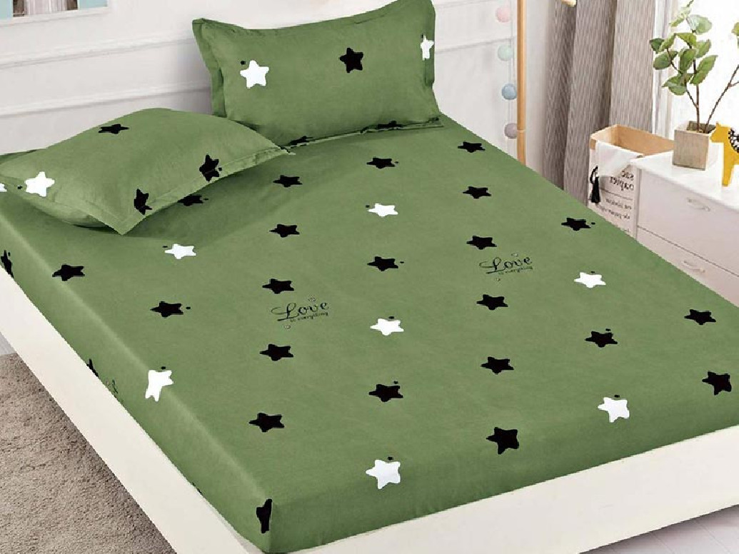 Cearsaf de pat cu elastic si 2 fete de perna, Starry Verde, 180x200cm (Finet)