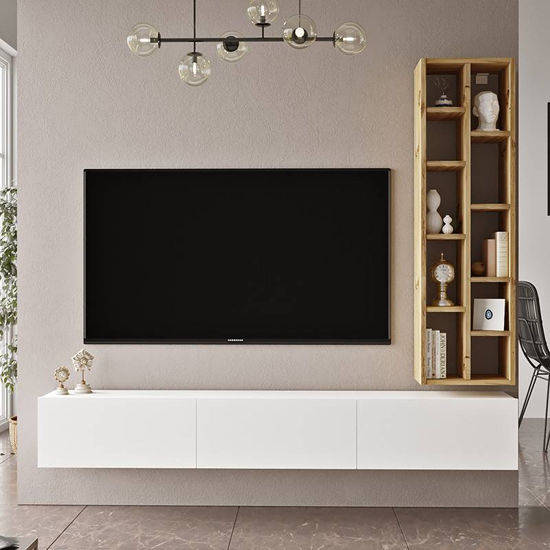 Comoda TV de perete Esmeralda alb - culoare lemn naturala 74.5x27x145cm - 3 | YEO