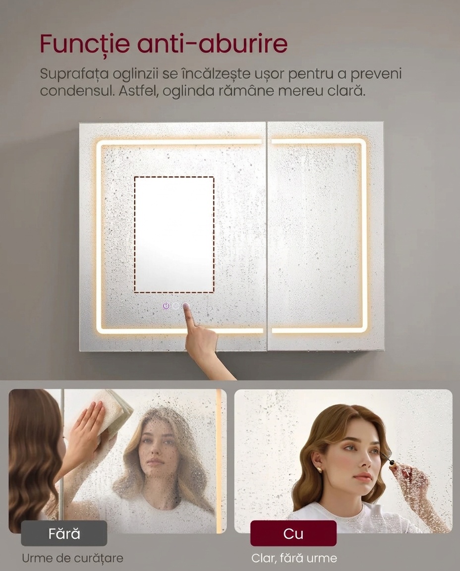 Dulap baie cu oglinda cu LED, Tiago, Alb, 80x60x16.5 cm - 2