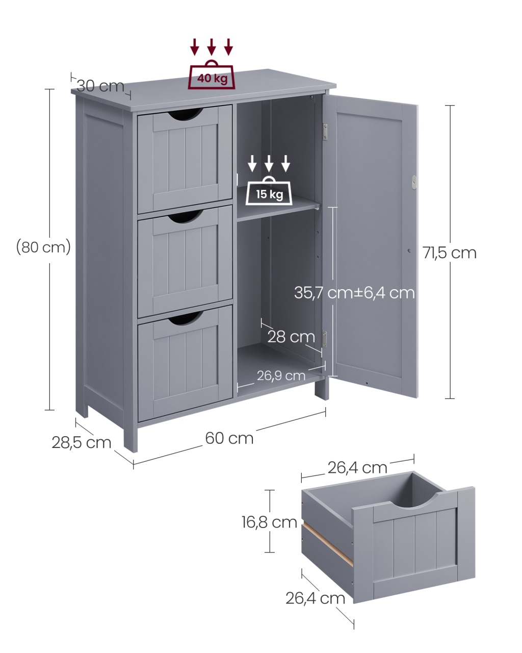 Dulap baie Vasagle Gri 60x30x81 cm - 4 | YEO