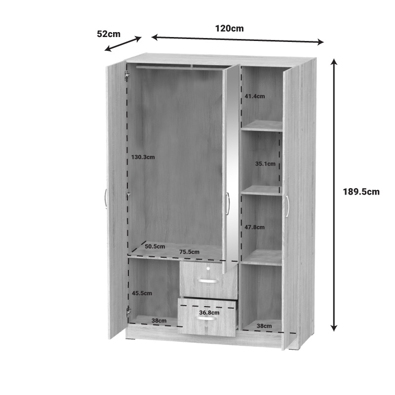 Dulap Dillion alb melaminat cu trei usi 120x52x190 cm - 3 | YEO