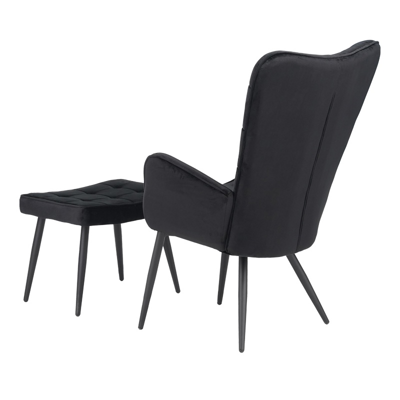 Fotoliu cu taburet Dorita catifea neagra picior metalic negru 68.5x76x103 cm - 1 | YEO