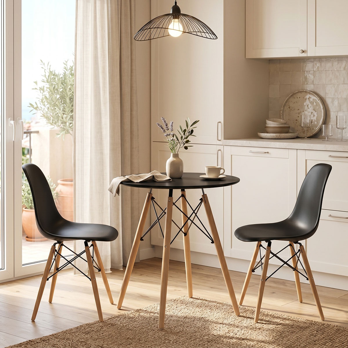 Masa Julita MDF negru si lemn de fag in nuanta naturala 60x60x73 cm