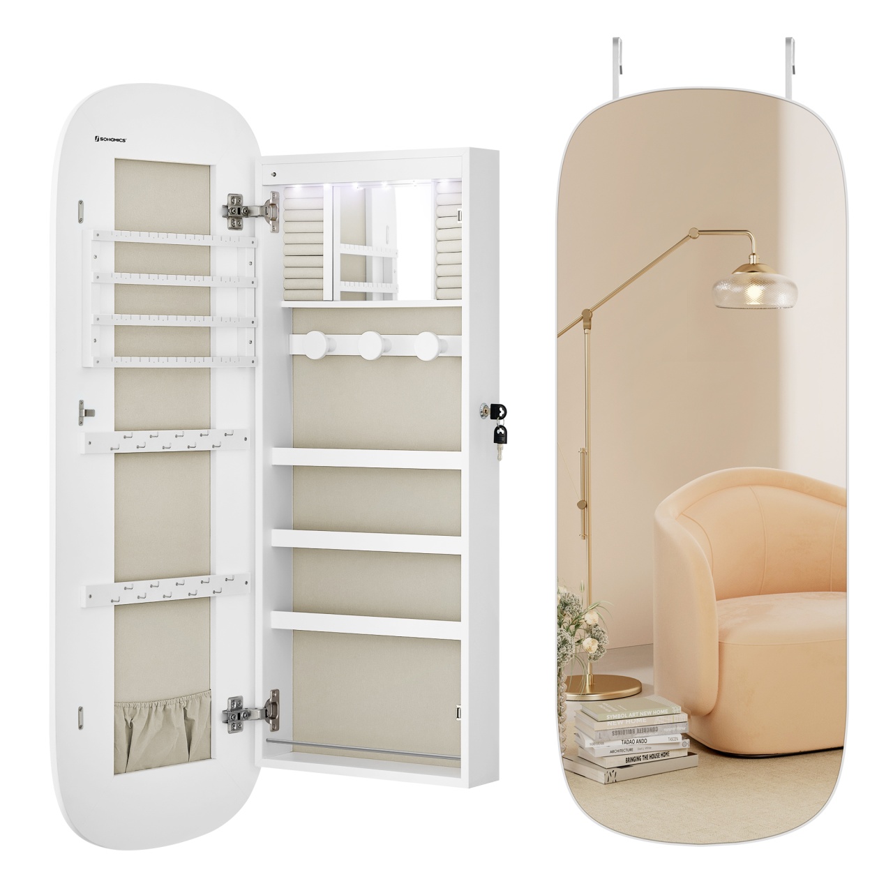 Oglinda suspendata cu depozitare bijuterii Alb Songmics 108x42x10 cm - 3 | YEO