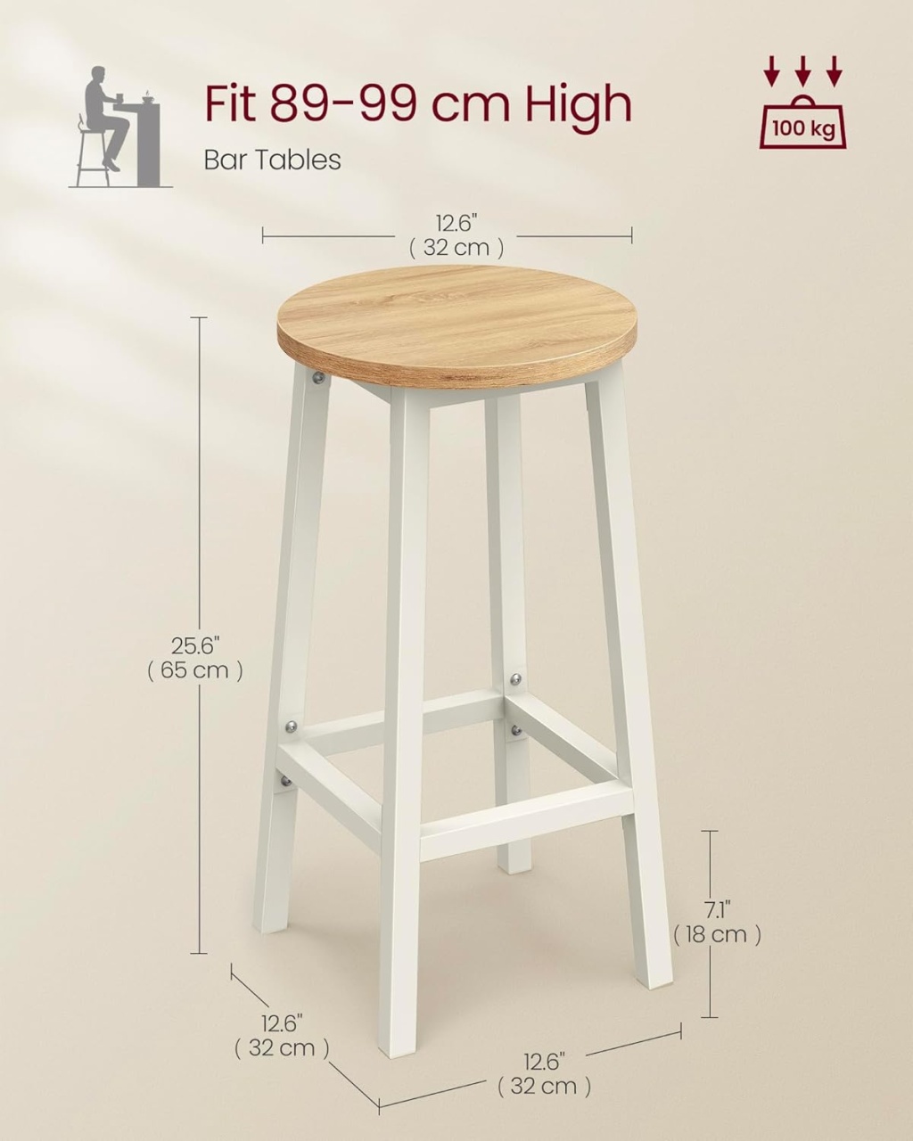 Set 2 scaune de bar Vasagle Alb 32 x 32 x 65 cm - 4 | YEO